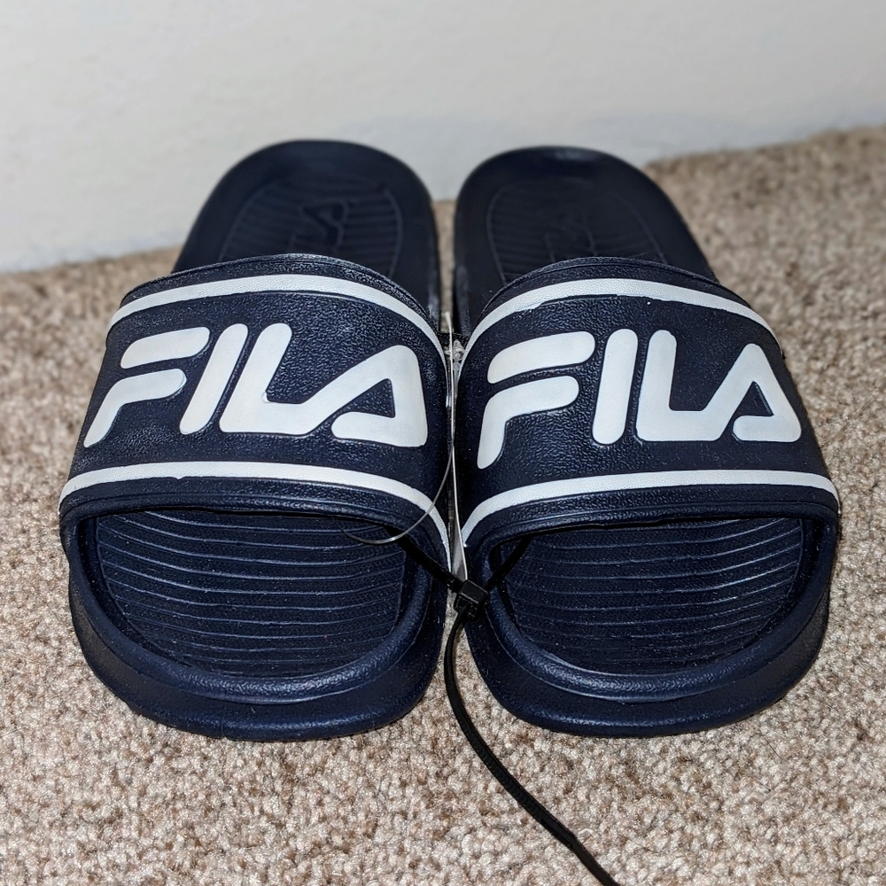 FILA Kids Child Black‎ White Logo Slides Flip Flops Sandals Size 13 NWT